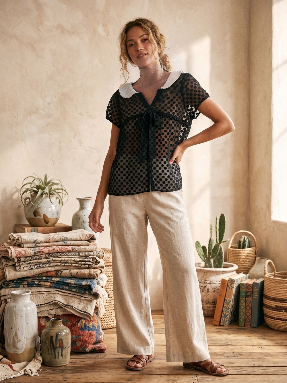 Anthropologie Maeve Sheer Dotted Peter Pan Collar Blouse XL